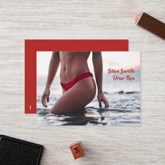 Bikini Belly Barista Coffee Vågrät Drive-Thru Lojalitetskort (Fram/Back In Situ)