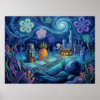 Bikini Bottom Stjärnklar natt Undervattenslandskap Poster