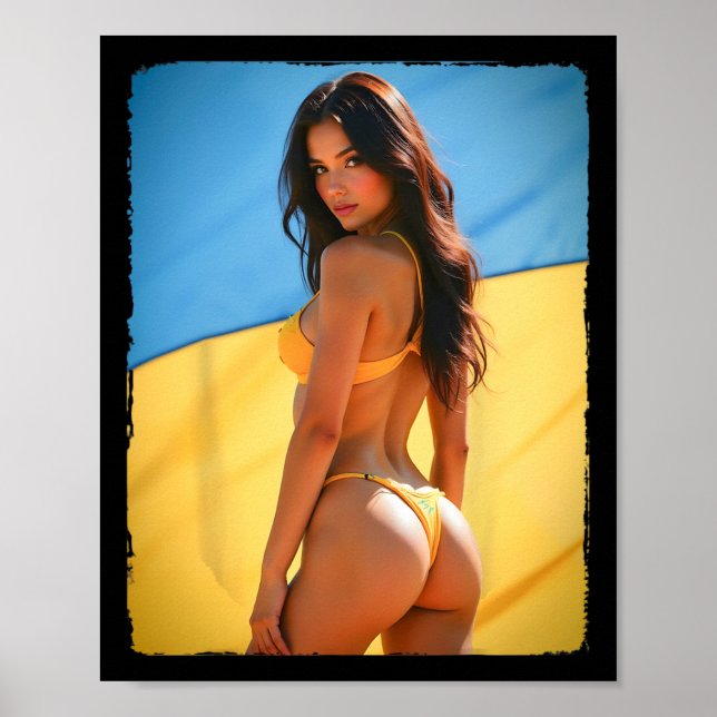 Bikini Bybe - Y Brunett Bybe Och Ukrainas Flagga  Poster (Framsidan)