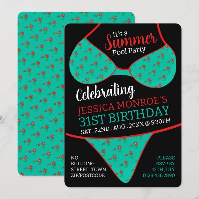 Bikini Design, sommardagen Bassäng Party Inbjudningar (Fram/baksida)