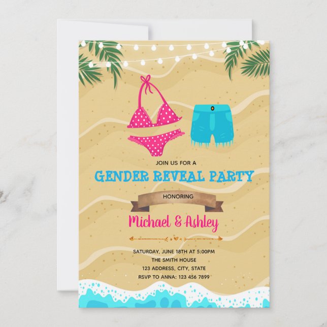 Bikini eller Board kort Gender Reveal party inbjud (Framsida)