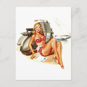 Bikini-flicka med Scooter-vintage. Vykort