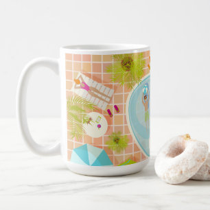 Bikini-flickor och killingar som leker simmande ba kaffemugg