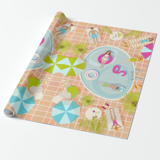 Bikini-flickor och killingar som leker simmande ba presentpapper (Utrullad)