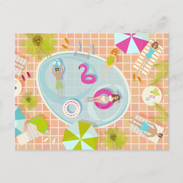 Bikini-flickor och killingar som leker simmande ba vykort (Framsida)