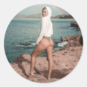 Bikini Girl Photo Postcard Runt Klistermärke