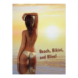 Bikini Girl Posin in Sea vid Sunset Perfect Poster