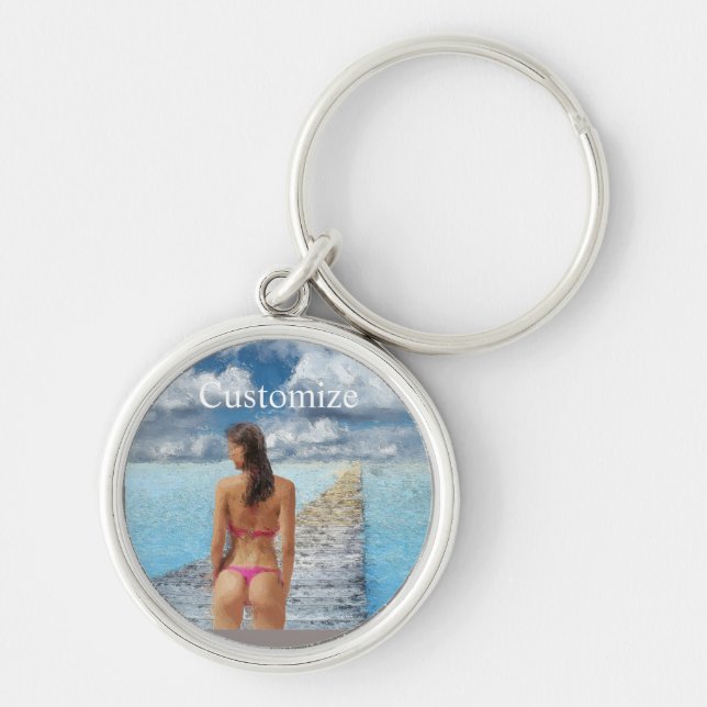 Bikini Girl Thunder_Cove Rund Silverfärgad Nyckelring (Framsidan)