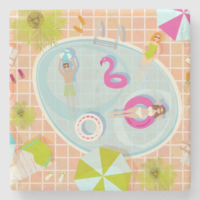 Bikiniflickor och killar som spelar poolspel stenunderlägg (Framsidan)
