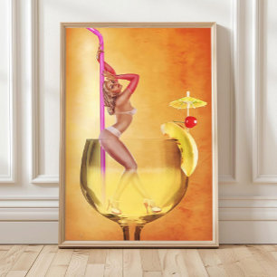 Bikinikvinna inuti cocktailglas Väggkonst, Retro Poster