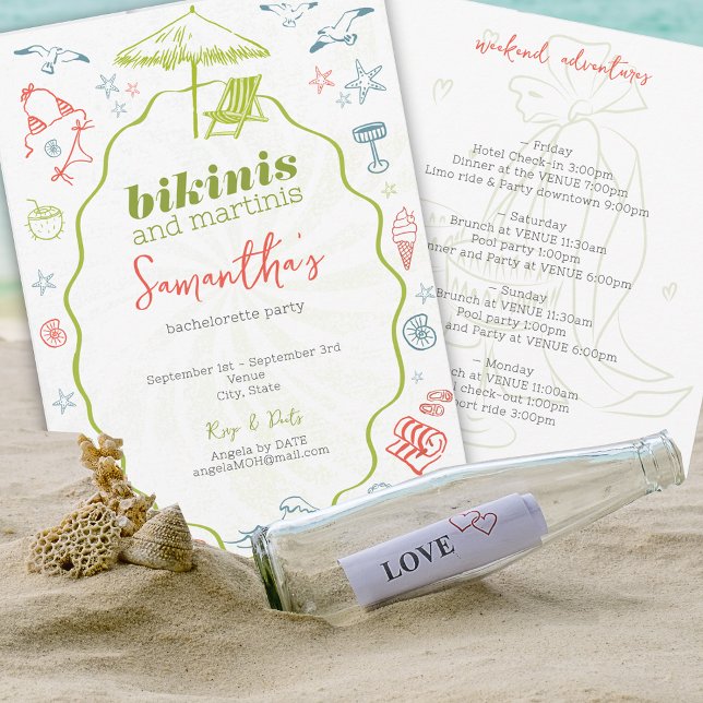 Bikinis & Martinis 2 Hand Drawn Beach Bachelorette Inbjudningar (Bikinis Martinis Tropical Island Destination Hand Drawn Beach Bachelorette Girls Weekend Invitation)