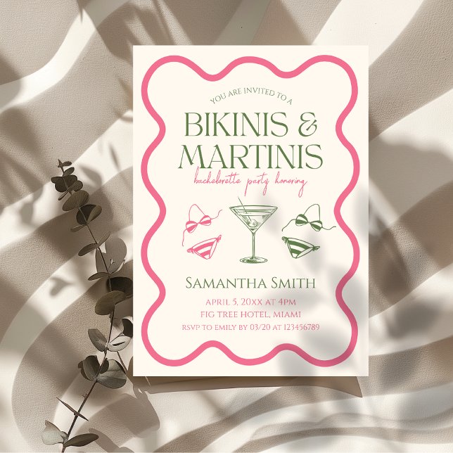Bikinis & Martinis Bachelorette Party Hand plockad Inbjudningar (bikinis & martinis bachelorette party invitation pink and green wavy frame)