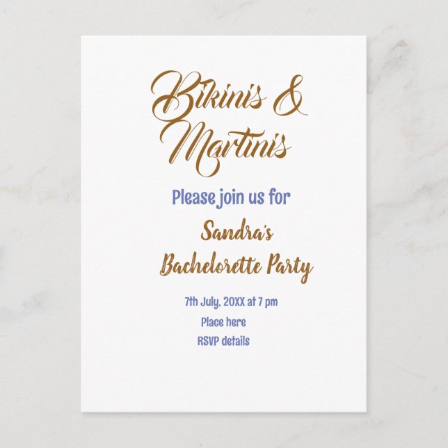 bikinis & martinis bachelorette party name brown  vykort (Framsida)