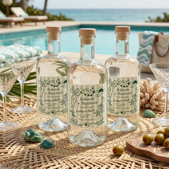 Bikinis & Martinis Beach Bachelorette Party Custom Spritflaskor Etikett (Skapare uppladdad)