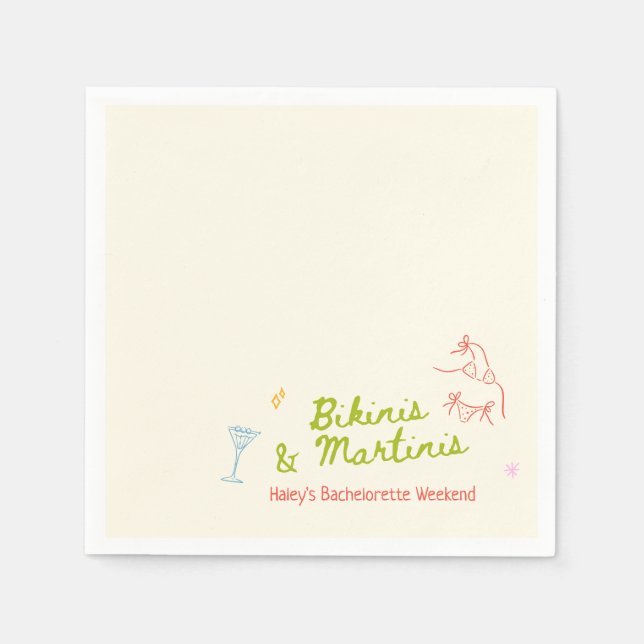 Bikinis & Martinis Hand plockade Bachelorette Pappersservett (Framsidan)