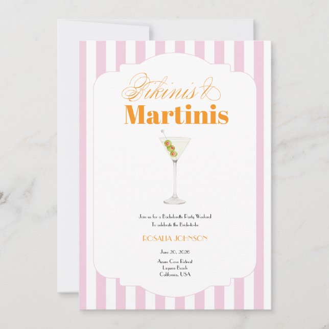 Bikinis & Martinis möhippa (rosa & orange) Inbjudningar (Framsida)