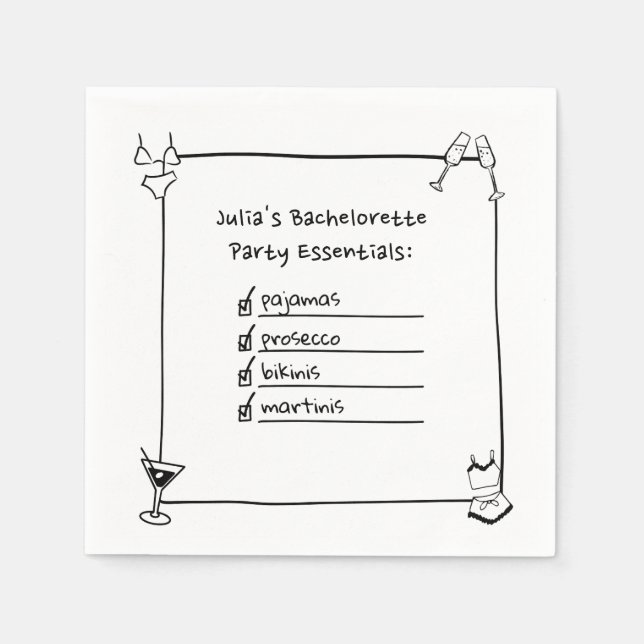 Bikinis, Martinis, Pajamas, Prosecco Bachelorette Pappersservett (Framsidan)