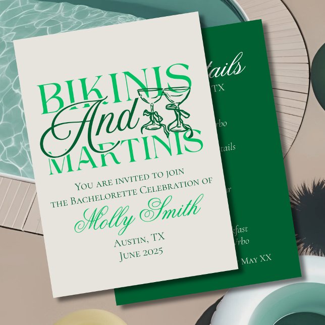 Bikinis och Martinis - Anpassningsbar Bachelorette Inbjudningar (Bikinis and Martinis invite with modern bow font – perfect for bachelorette or bridal celebrations!)