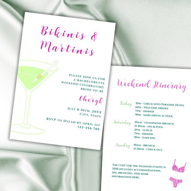 Bikinis och Martinis Bachelorette Helg Inbjudningar (bikinis and martinis bachelorette party invitation vibrant pink and green weekend itinerary)