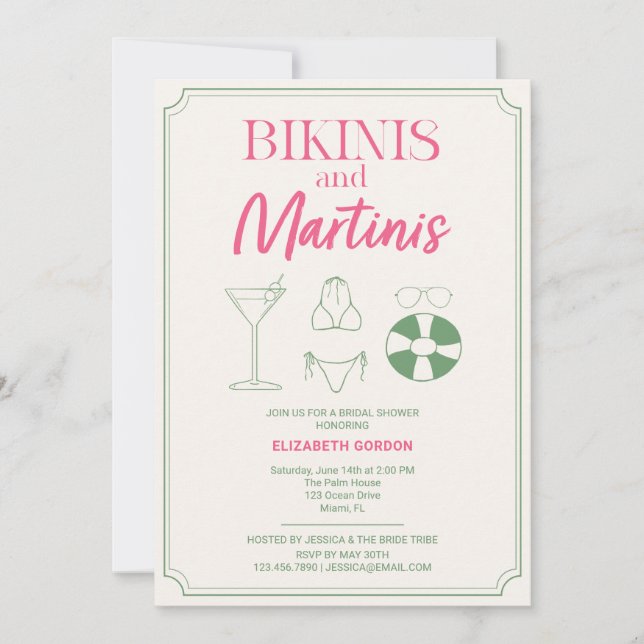 Bikinis och Martinis Bröllopsdusch Rosa Grön Inbjudningar (Framsida)