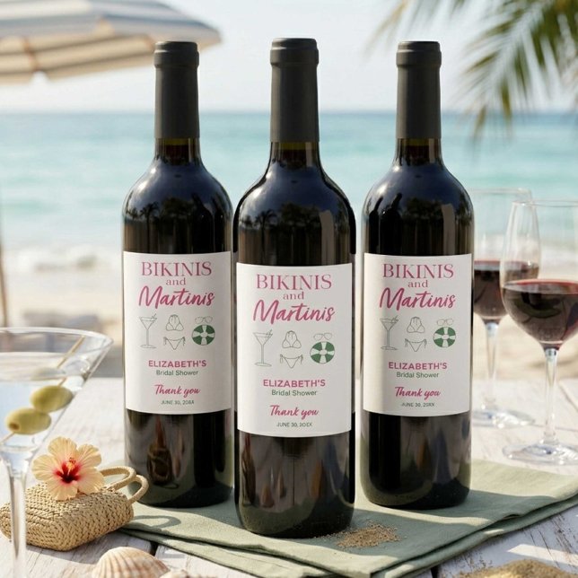 Bikinis och Martinis Bröllopsduschgåvor Rosa Vinflaska Etikett (Skapare uppladdad)