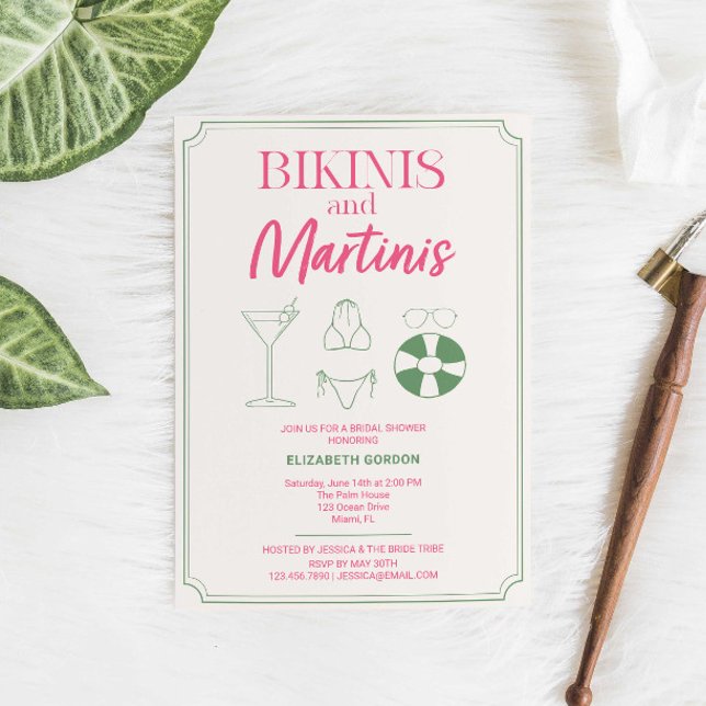 Bikinis och Martinis Bröllopsfest Rosa Grön Inbjudningar (Skapare uppladdad)
