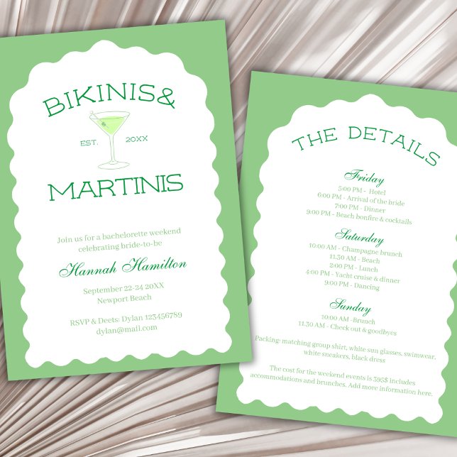 Bikinis och Martinis Grönt Bachelorette Helg Inbjudningar (Bikinis And Martinis Green Bachelorette Weekend Invitation)