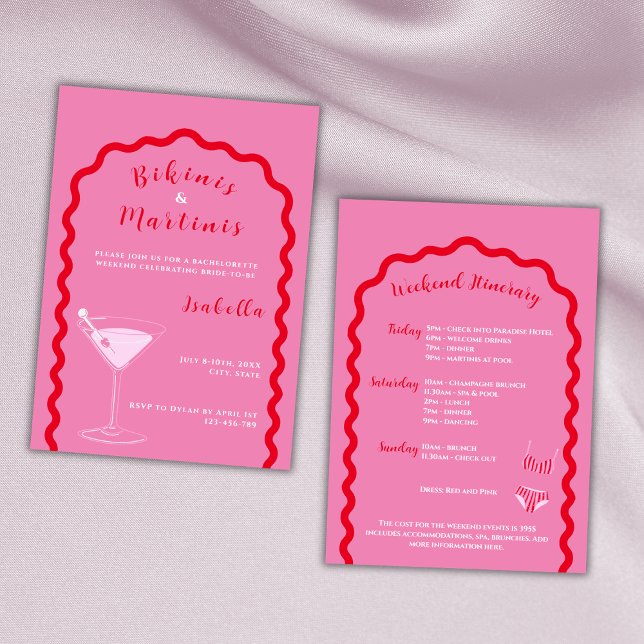 Bikinis och Martinis Rosa Bachelorette Helg Inbjudningar (bikinis and martinis bachelorette party invitation pink and red weekend itinerary)
