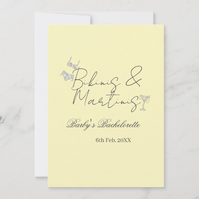 Bikins & Martinis bachelorette party yellow retro Inbjudningar (Framsida)
