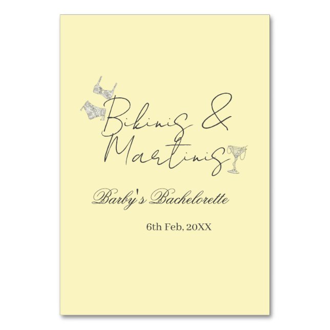 Bikins & Martinis möhipparty gult retro Bordsnummer (Framsidan)