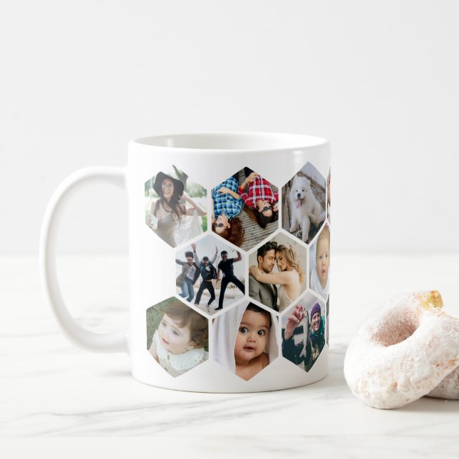 Bikupecollage med 20 bilder på kaffemugg (Med munk)