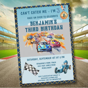 *Bil Autobil Racing Tema 3-års Födelsedagsfest Inbjudningar