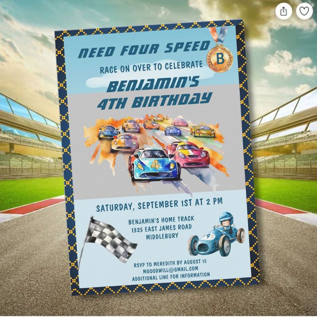 *Bil Autobil Racing Tema 4-års födelsedagsfest Inbjudningar (Skapare uppladdad)