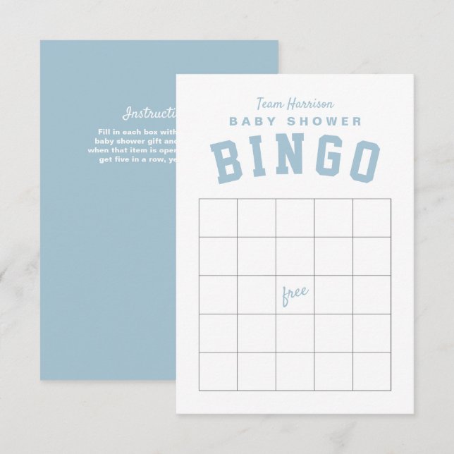 Bil baklucka tema ljusblå baby shower BINGO kort (Fram/baksida)