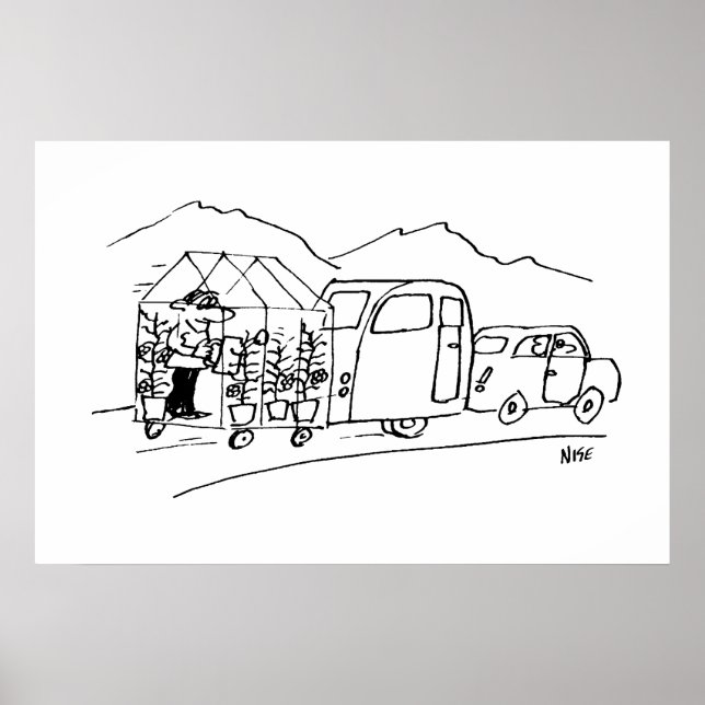 Bil bogserar en husvagn och även ett växthus poster (Framsidan)