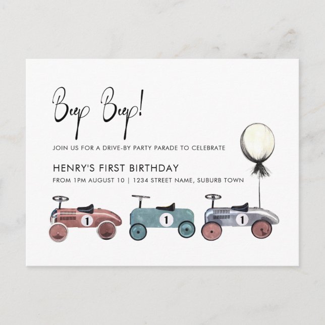 Bil kör förbi karantän 1-års födelsedagsfirande vykort (Framsida)