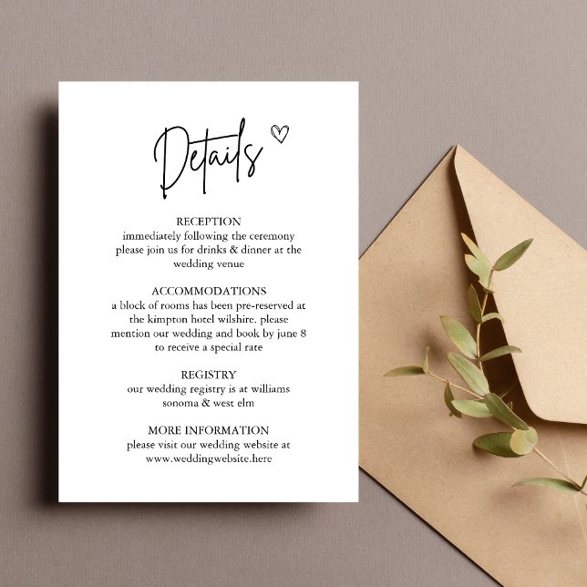 Bilaga för minimala bröllopsdetaljer inbjudningar (Minimal enclosure card shares wedding details with clean, understated elegance.)