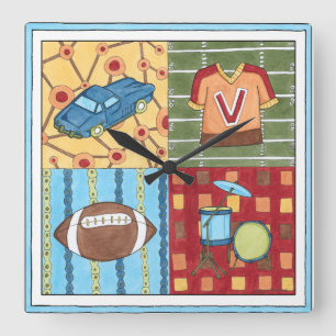 Bilar, Jersey, Football and Drum Kit Fyrkantig Klocka