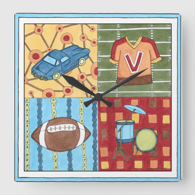 Bilar, Jersey, Football and Drum Kit Fyrkantig Klocka (Framsida)