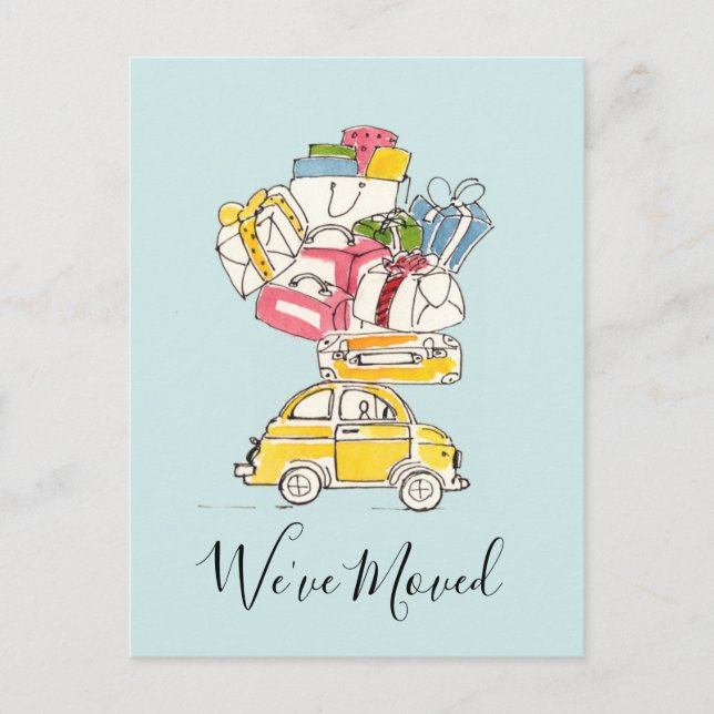 Bilar med vykort för resväskor med Vi har flyttat (Framsida)