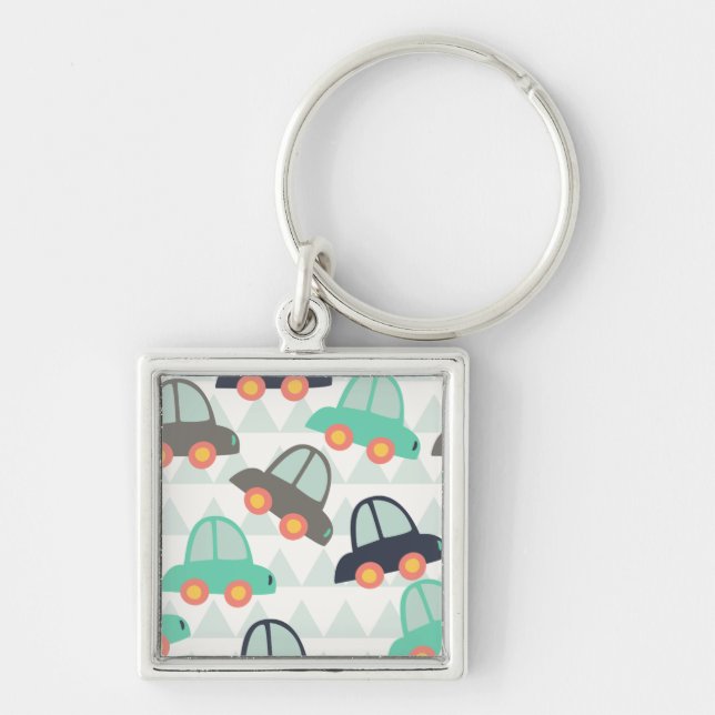 Bilar och fler bilar fyrkantig silverfärgad nyckelring (Framsidan)