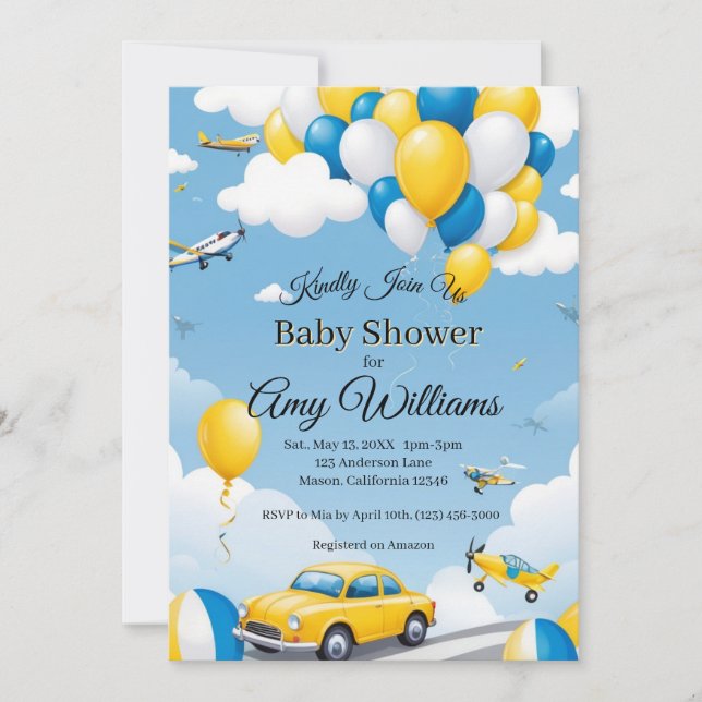 Bilar och flygplan Pojke Baby Shower Inbjudan (Framsida)