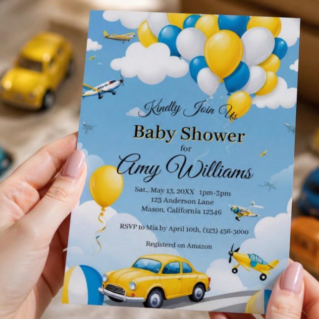 Bilar och flygplan Pojke Baby Shower Inbjudan (AI Generated Hands Holding Card)