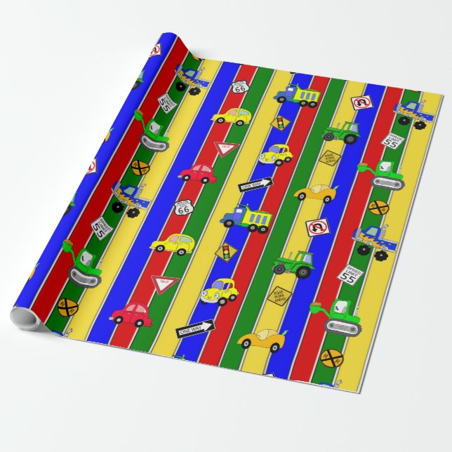 Bilar och lastbilar Blå, Grön och Gul Pojke Presentpapper (Utrullad)