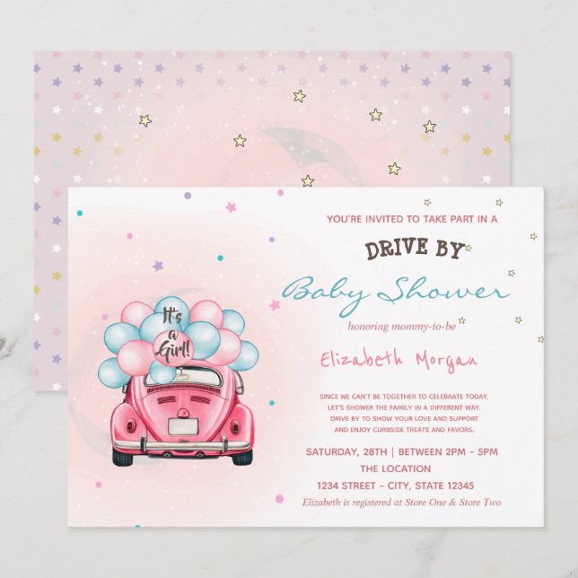 Bilballonger stjärnor Drive By Baby Shower Inbjudningar (Fram/baksida)