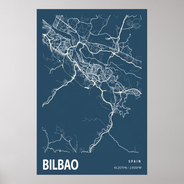 Bilbao Spain City Karta Line Art Blue Skriv ut Poster (Framsidan)