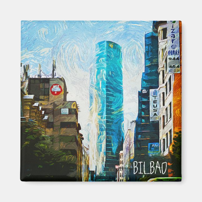 Bilbao Spain Oil Paint Illustration City Magnet (Framsidan)