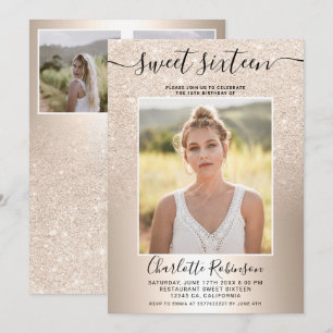 Bild 16, Girly Metic guld glitter ombre 3-foto Inbjudningar
