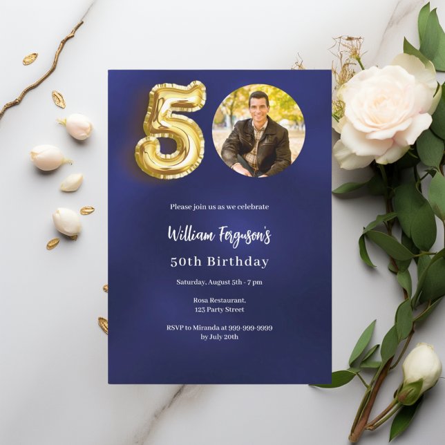 Bild 50-årsdag för marint blått guld inbjudningar (Skapare uppladdad)