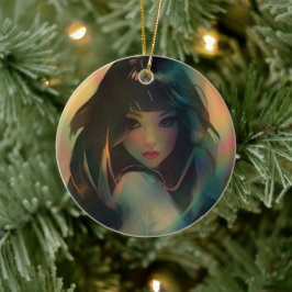 Bild av Anime Girl, omgiven av Regnbåge Light Julgransprydnad Keramik